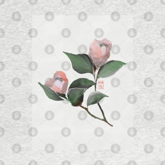 Pink watercolor and sumiE camellia flowers by cuisinecat